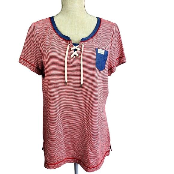 LRL Lauren Jeans Co Short Sleeve Top Nautical Red Cotton Striped Large #696 - Picture 10 of 14